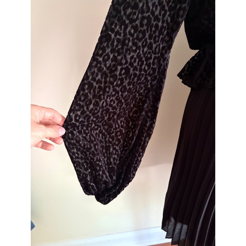 The Kooples Black Leopard Print Flocked Pleated Mini Dress Balloon Sleeve M - Picture 6 of 9